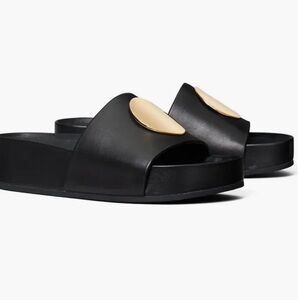 Tory Burch | Patos gold disc black leather platform slide